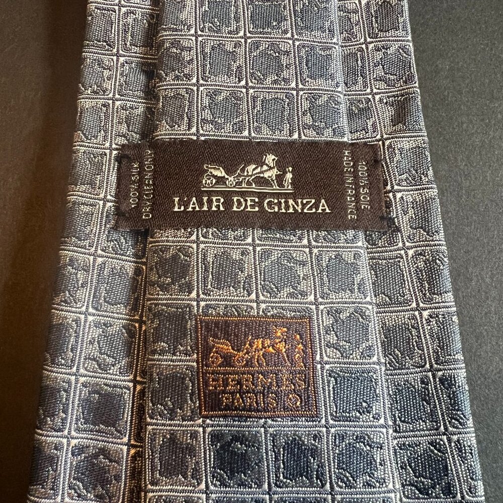 Hermès L'air de Ginza Tie Special Limited Edition Grey and Blue Silk Jacquard